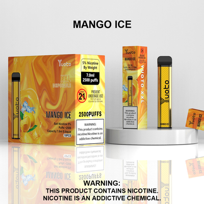 Yuoto xxl 2500 Puffs Vape Pod แบบใช้แล้วทิ้ง Mango ice Flavour 7ml Ejuice 1200mAh Battery จากโรงงานในจีน