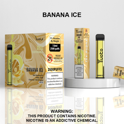 Yuoto XXL 2500 Puffs แบตเตอรี่ 1200mAh แบบใช้แล้วทิ้ง 7.0ml Ejuice Banana ice รสสำหรับอินเดีย