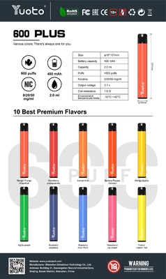 2% Nic 600 Puffs Vape ความจุน้ำผลไม้ Yuoto 2ml E