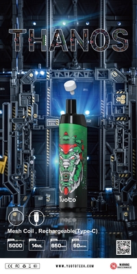 ตาข่ายคอยล์ 14ml ยอดนิยม Thanos YUOTO 5000PUFF Vape แบบใช้แล้วทิ้งพร้อม Nic 5%