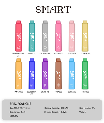5% นิโคติน 600 Puffs Vape TPD การรับรองลักษณะนวนิยาย