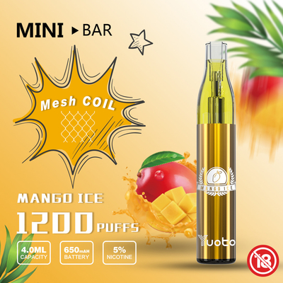 Yuoto Mini Bar Vape พร้อมตาข่ายคอยล์ความจุแบตเตอรี่ 650 mAh
